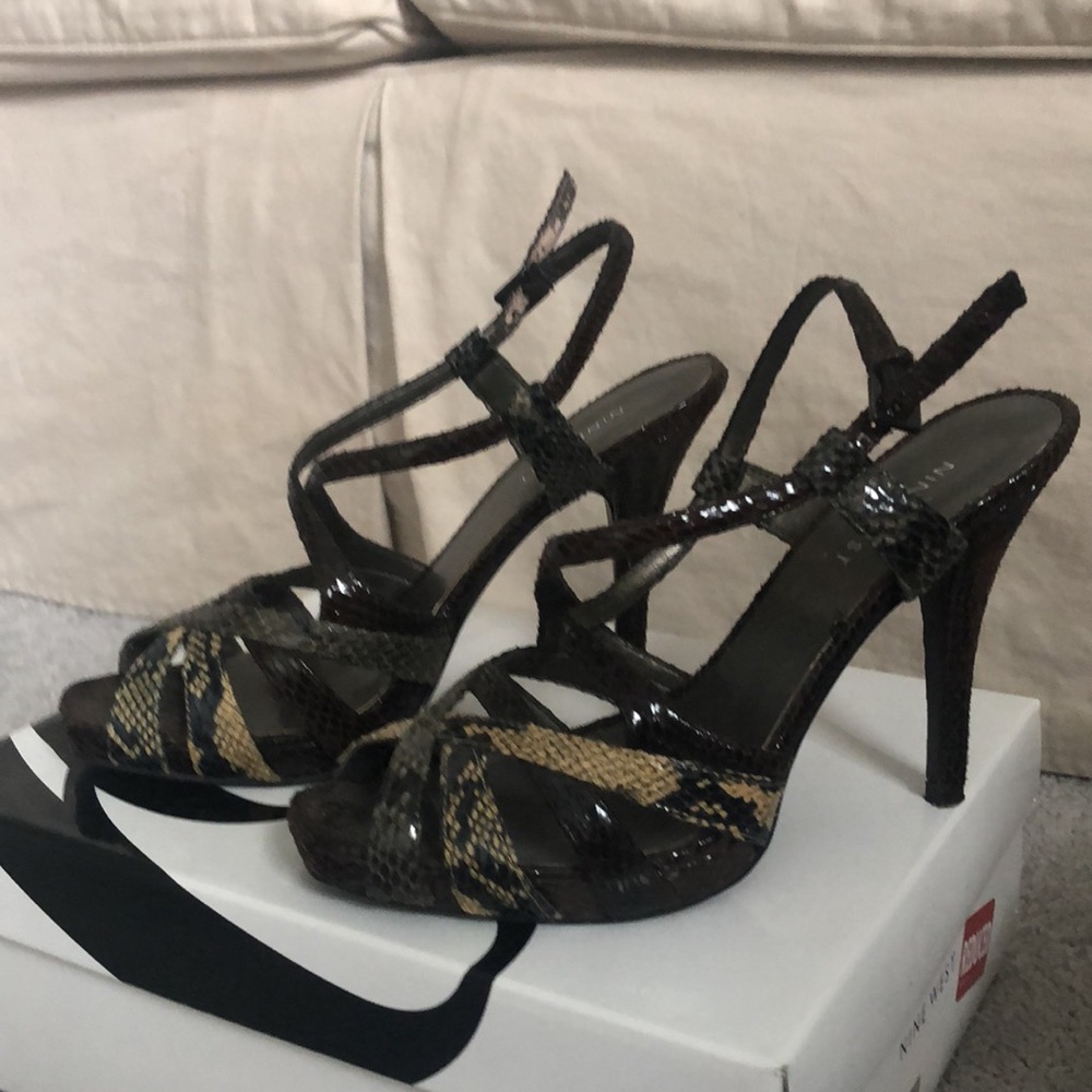 Nine West brown snake print strappy heels